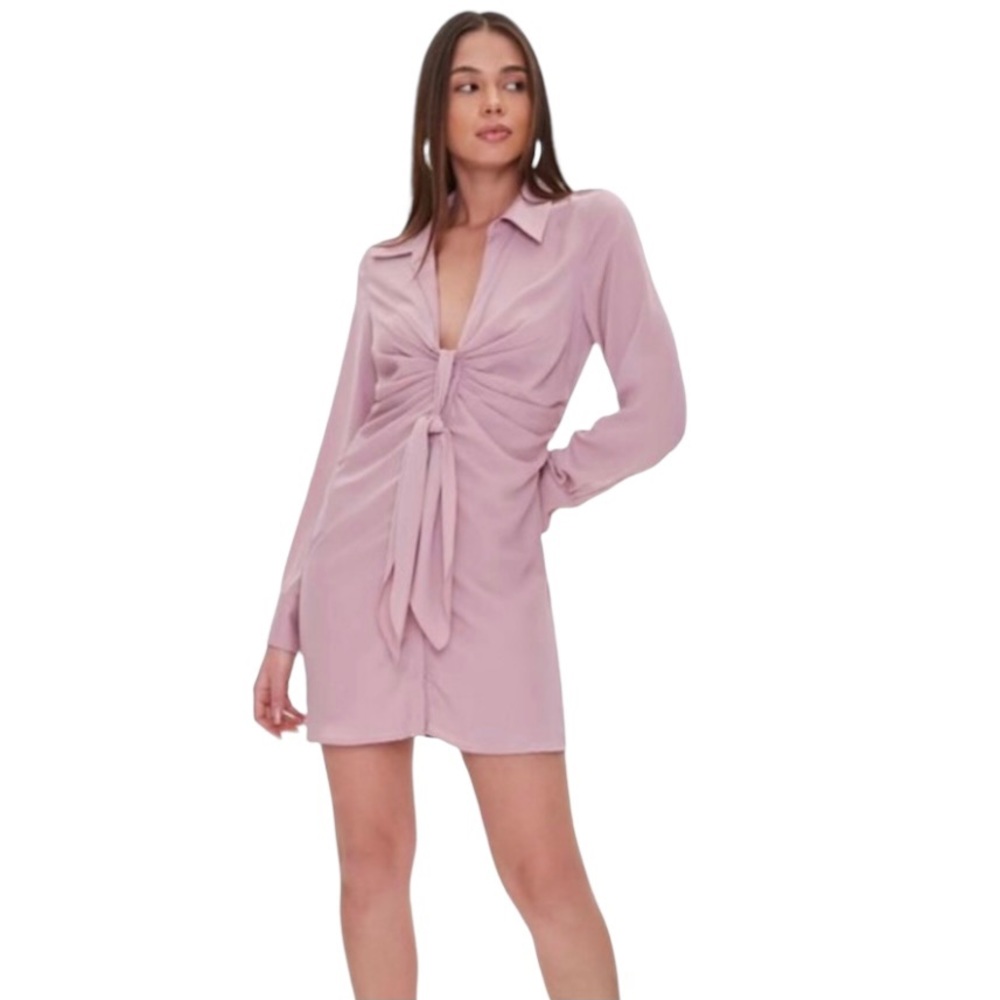 Mauve Pink Tie Front Collar Dress Dusty Rose Small - Picture 1 of 8